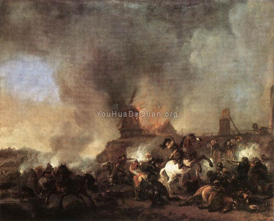 Cavalry Battle in front of a Burning Mill - 菲利普斯·沃夫曼